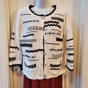 Design Options - Vintage- Black & White -Beaded - Cardigan -Art to Wear